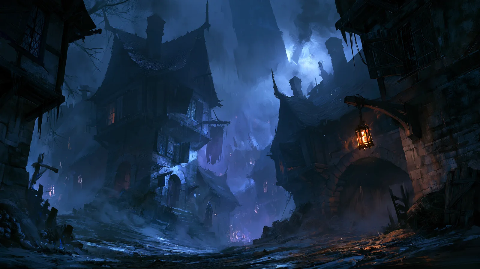 Ravenloft : le versant gothique et horrifique de Donjons & Dragons 3 Place de village brumeuse la nuit, maisons closes et lanterne vacillante, ambiance d'enquête gothique