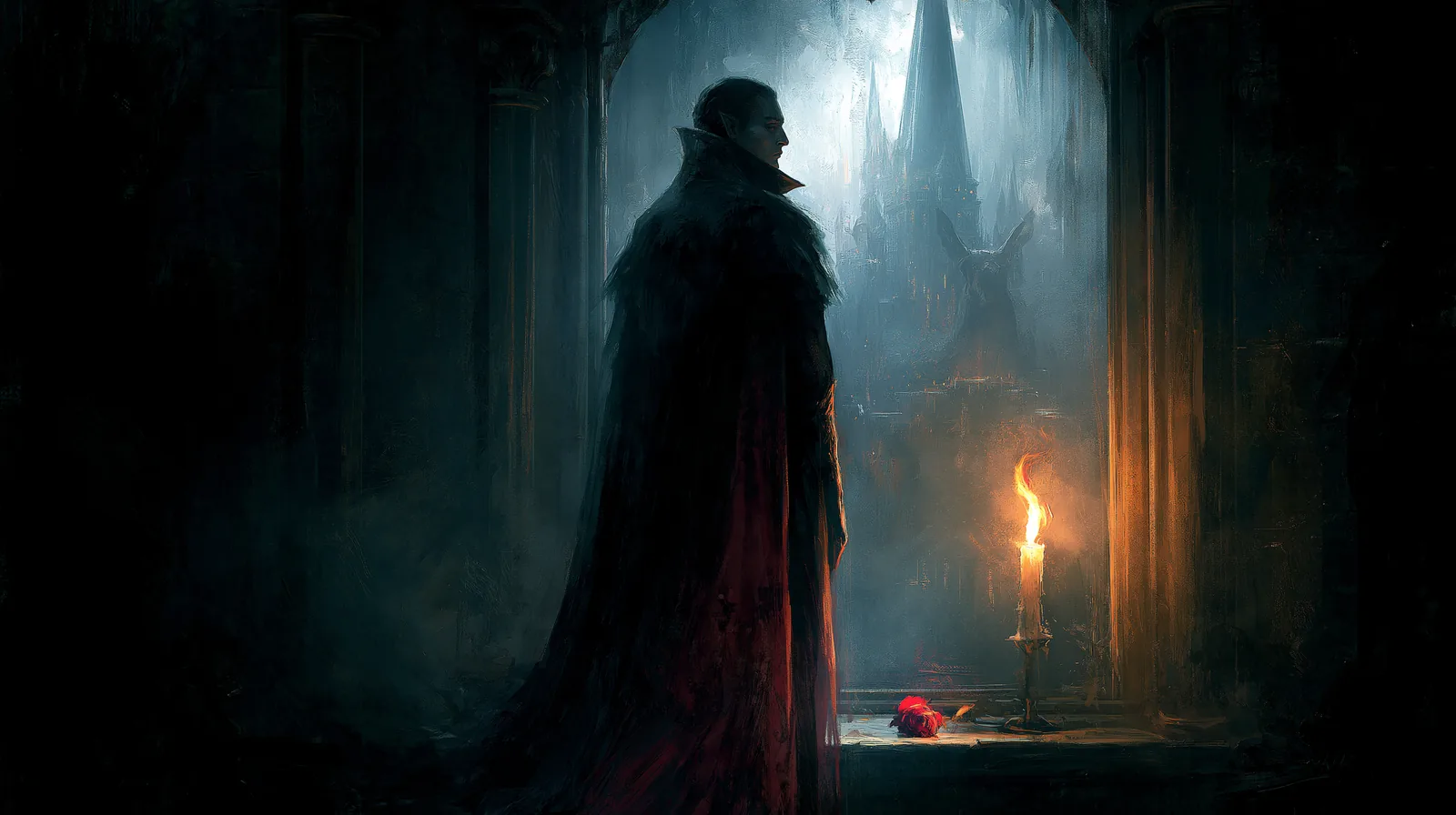 Ravenloft : le versant gothique et horrifique de Donjons & Dragons 1 Silhouette d'un seigneur vampire à la fenêtre d'un château, bougie et rose rouge, ambiance gothique