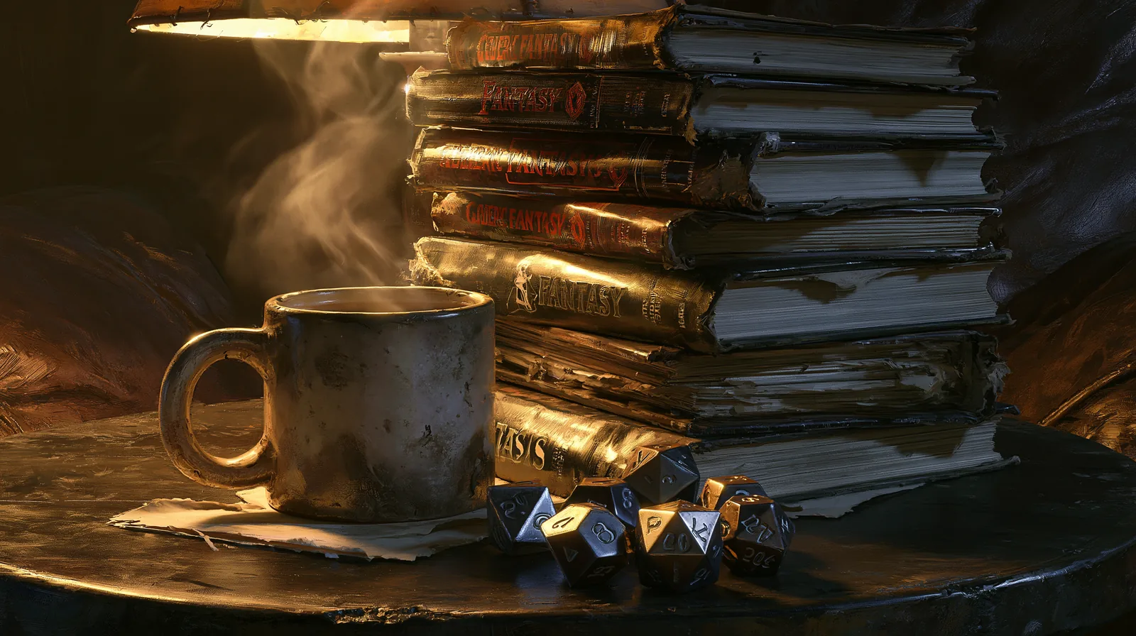 Les Royaumes oubliés et Drizzt Do'Urden, le best-seller des romans de Donjons & Dragons 2 Pile de romans de fantasy génériques près d'une tasse fumante et de dés, ambiance coin lecture