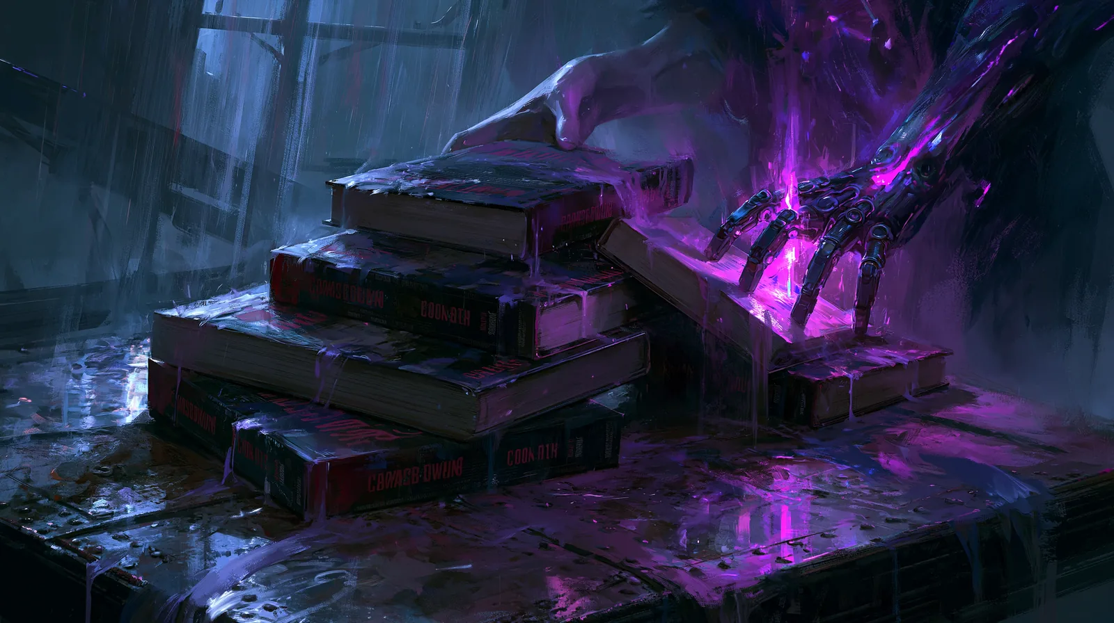 Romans posés sur une table métallique sous des néons, une main cybernétique en saisit un, ambiance cyberpunk