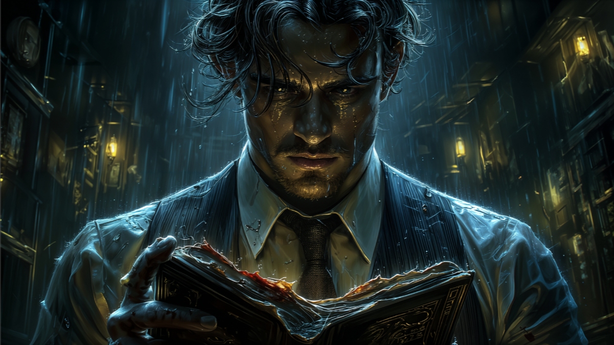 Solitude des ténèbres : notre JDR solo lovecraftien maison 3 Main tremblante posant des indices déchirés sur une table sombre, tension du jeu de rôle solo horreur Solitude des ténèbres.