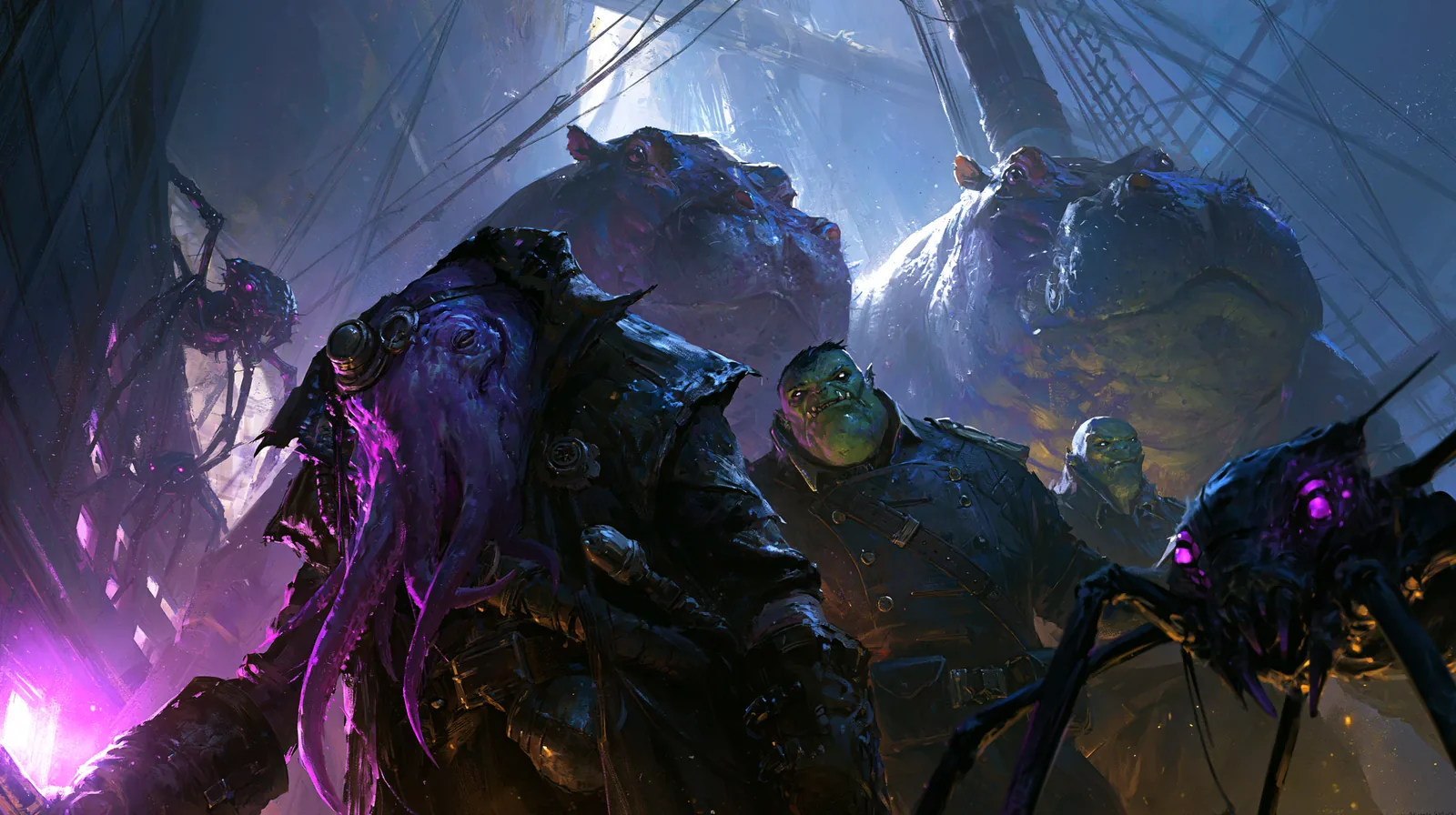 Spelljammer, quand Donjons & Dragons est parti dans l'espace 2 Équipage de créatures spatiales étranges sur un galion volant, navigateur à tentacules et soldats hippopotames