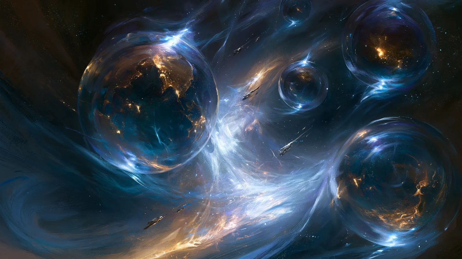 Spelljammer, quand Donjons & Dragons est parti dans l'espace 1 Plusieurs sphères de cristal flottant dans un flux de gaz lumineux, petits vaisseaux naviguant entre les mondes