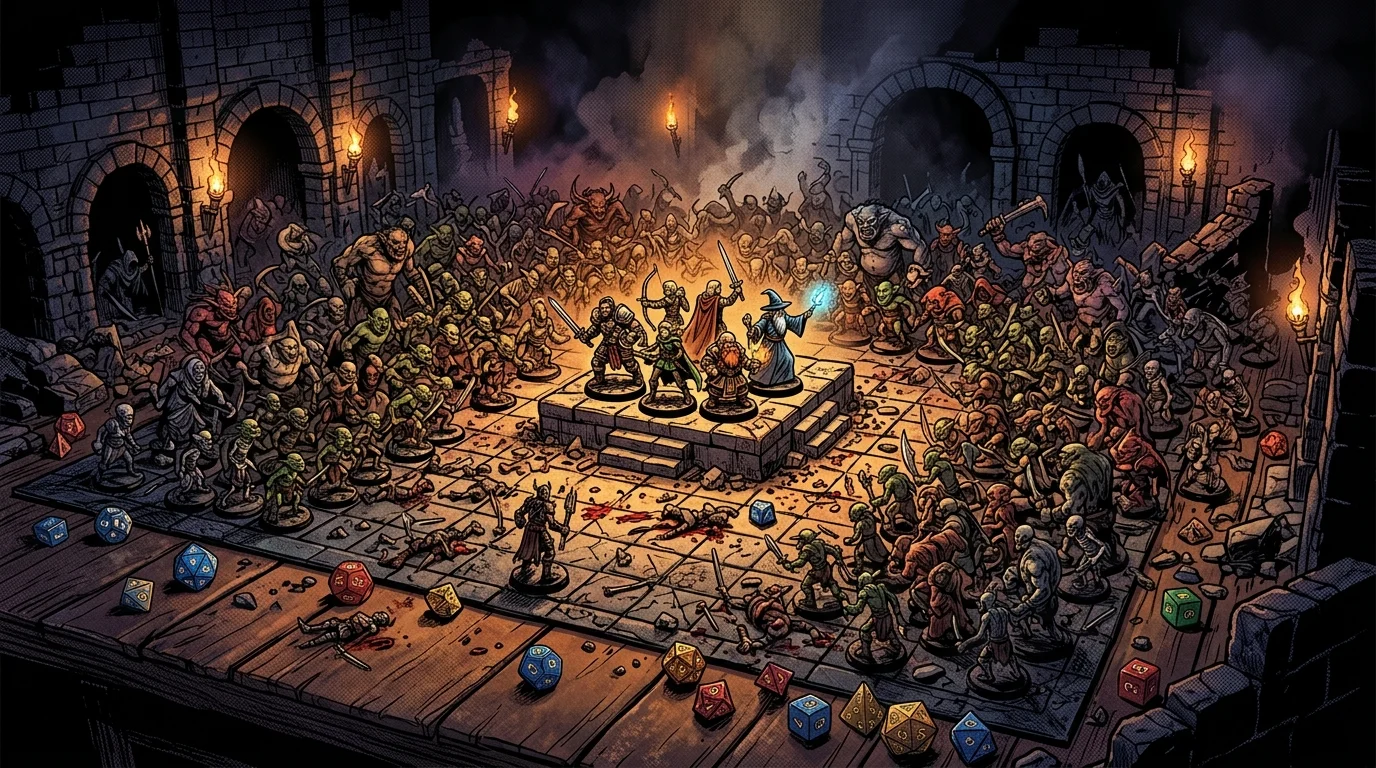 Diorama de combat JDR avec héros miniatures encerclés par une horde de monstres sur un quadrillage
