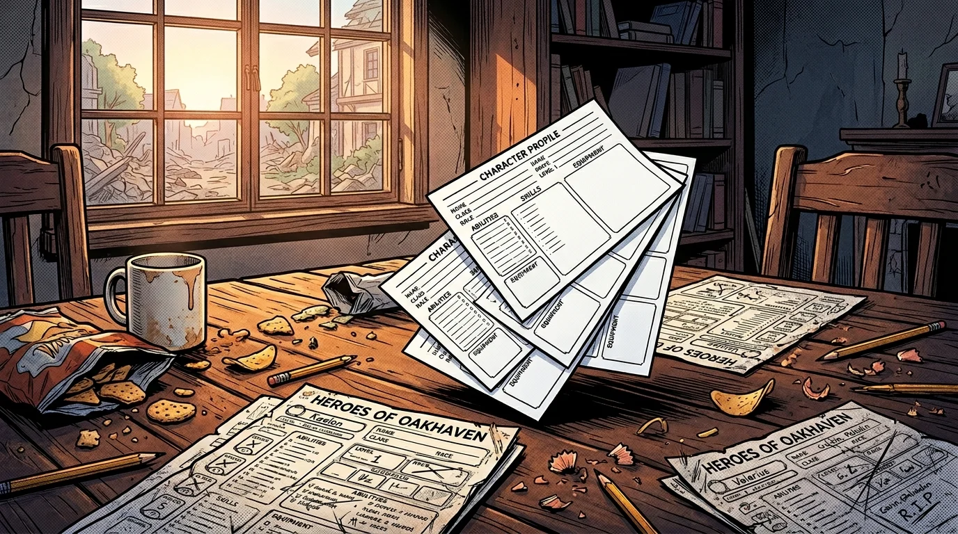 Fiches de personnage vierges distribuées comme des cartes au matin, nouveau départ après un TPK