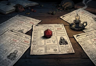 Cinq fiches de personnage alignées comme des héros tombés autour d'un d20 rouge, TPK total party kill