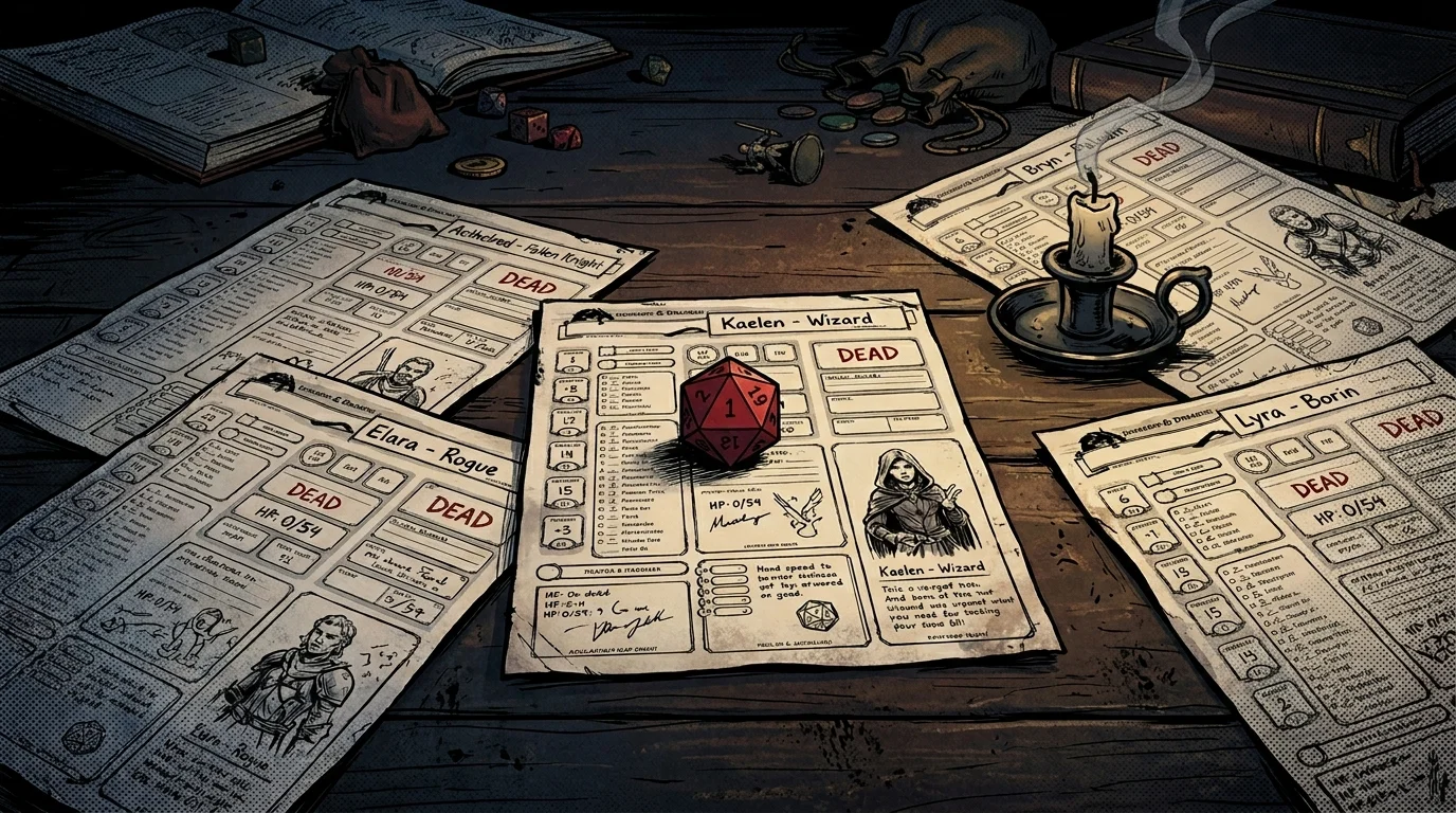Cinq fiches de personnage alignées comme des héros tombés autour d'un d20 rouge, TPK total party kill