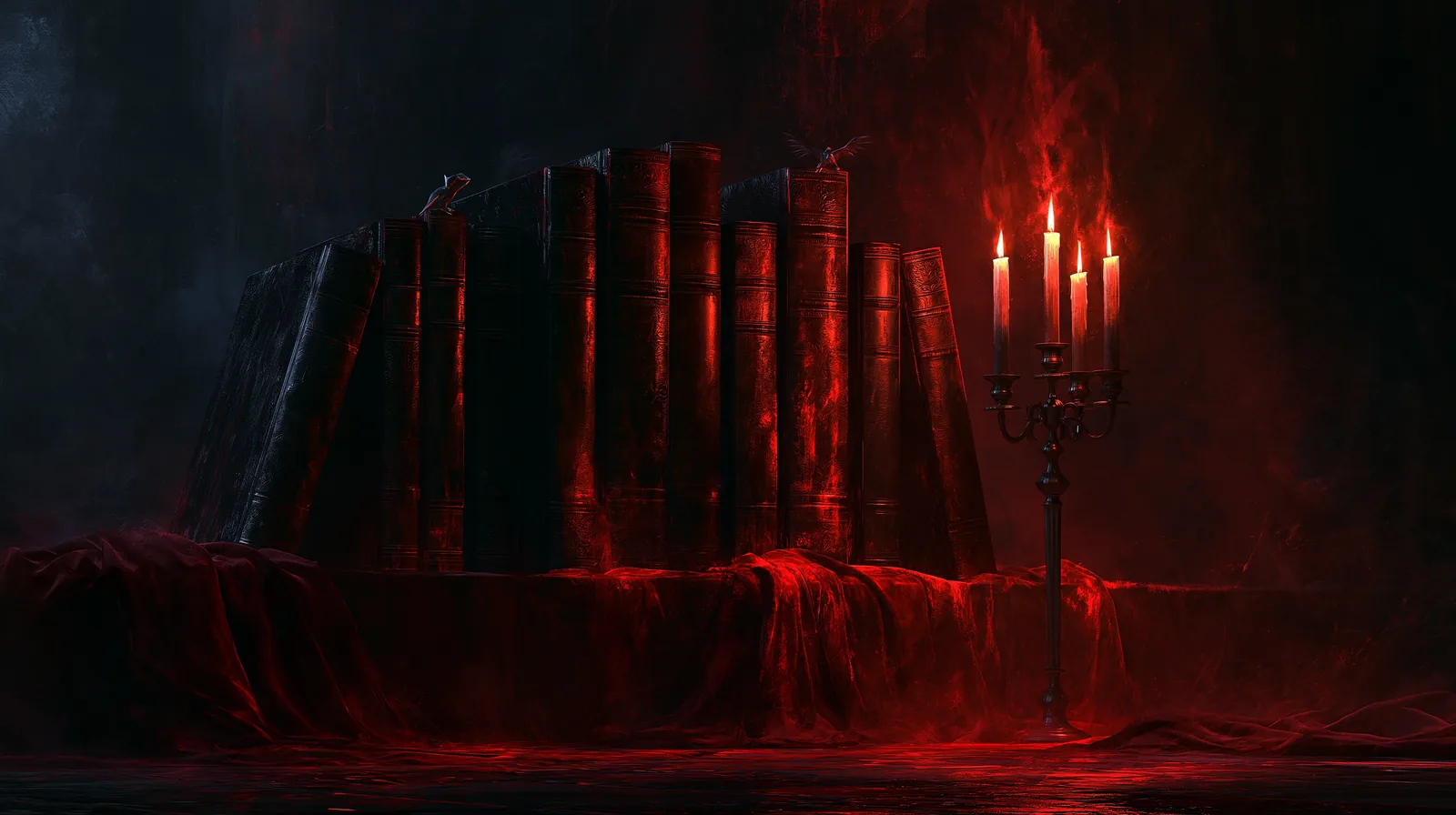 Vampire : la Mascarade en romans : le cycle des clans et le Monde des Ténèbres 2 Rangée de romans sombres et élégants sur une étagère drapée de velours, éclairés par un candélabre