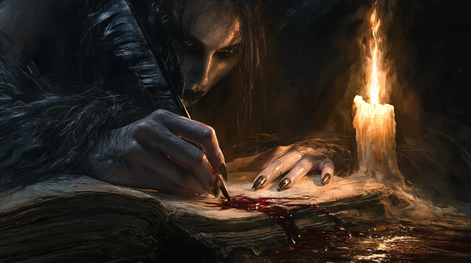 Vampire : la Mascarade en romans : le cycle des clans et le Monde des Ténèbres 1 Main pâle écrivant dans un grimoire à la plume près de cire rouge sang, ambiance gothique et intime