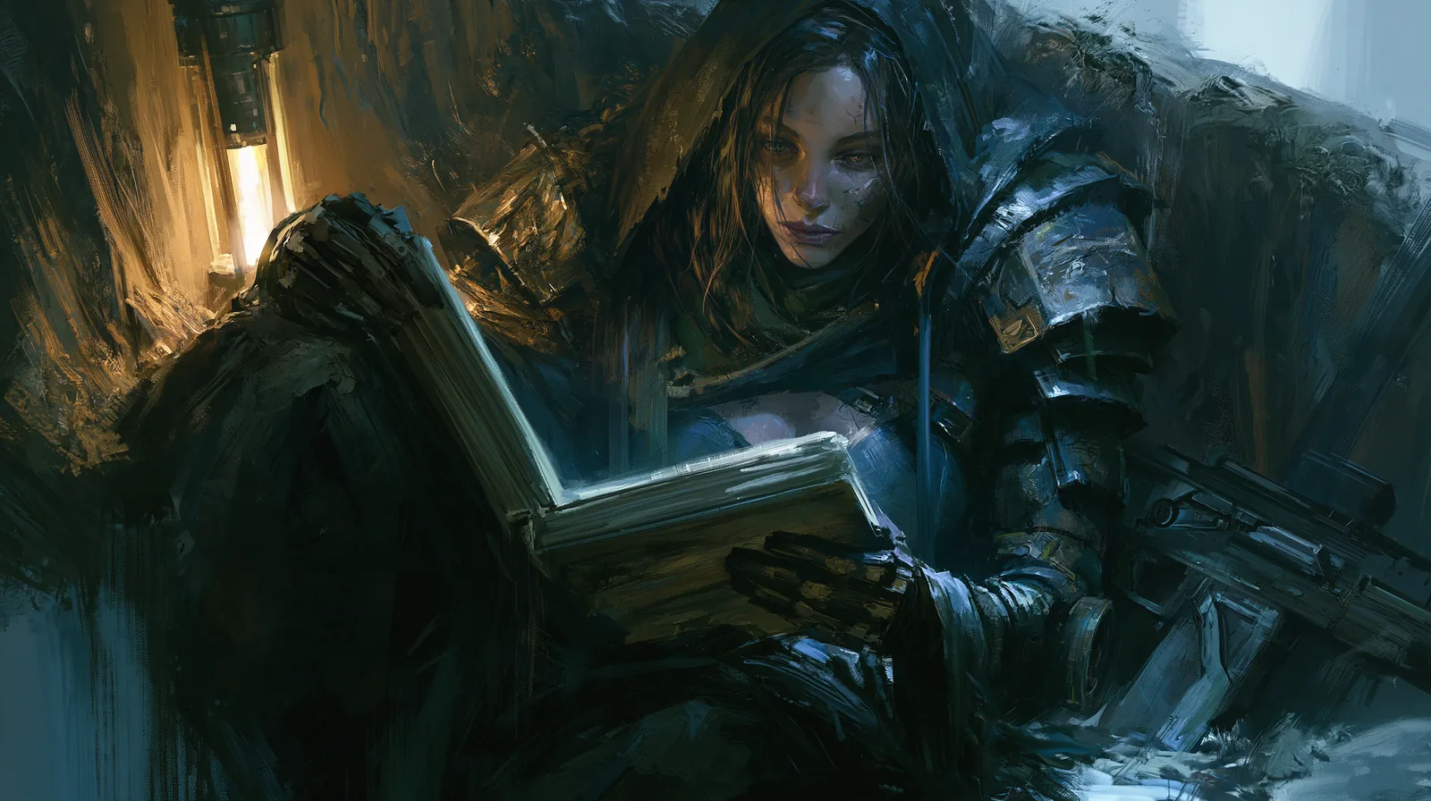 Warhammer 40000 en romans : Dan Abnett, l'entrée la plus littéraire du grimdark 1 Soldat épuisé en armure futuriste lisant un livre dans une tranchée, moment humain dans un univers de guerre