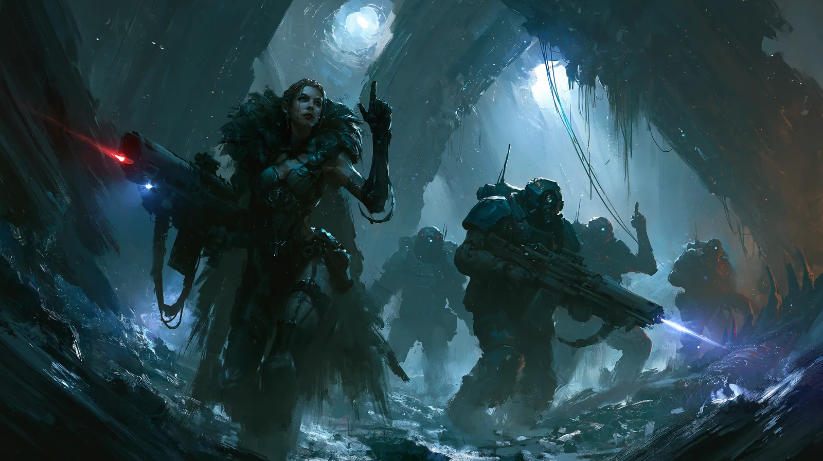 Warhammer 40000 en romans : Dan Abnett, l'entrée la plus littéraire du grimdark 2 Escouade de soldats futuristes progressant dans des ruines derrière les lignes ennemies, ambiance tendue