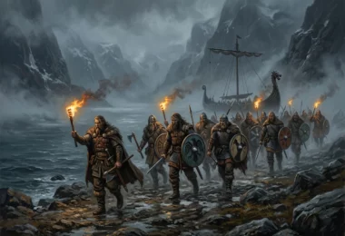 Compagnie de guerriers vikings en armure de cuir avançant dans la brume d'un fjord nordique