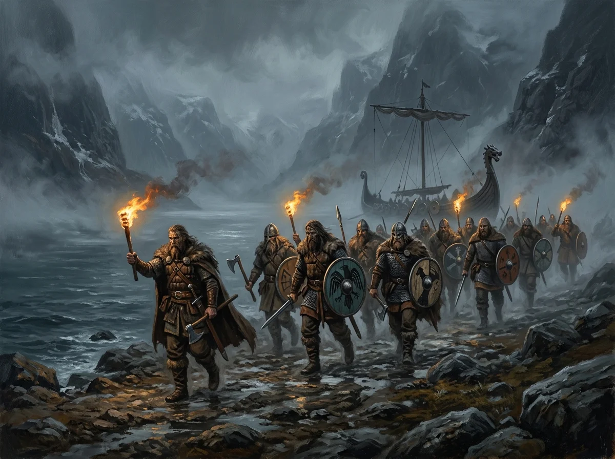 Compagnie de guerriers vikings en armure de cuir avançant dans la brume d'un fjord nordique
