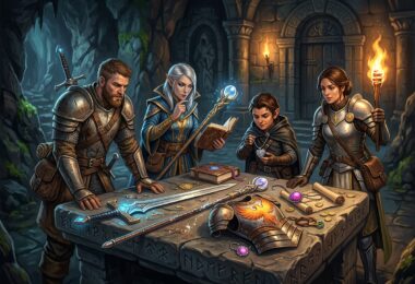 Un groupe de donjons et dragons regarde les meilleures options sur la table.
