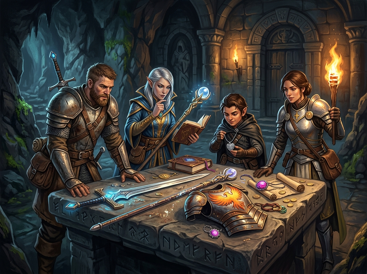 Un groupe de donjons et dragons regarde les meilleures options sur la table.