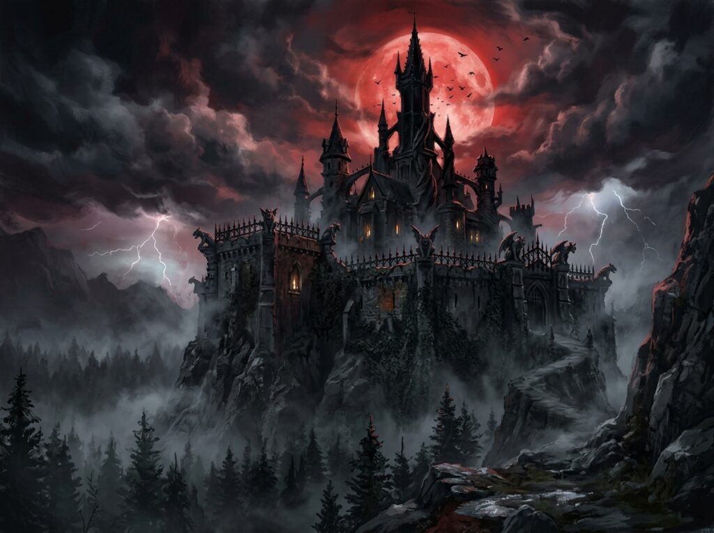 Un château au profil ténébreux, une lune rouge.