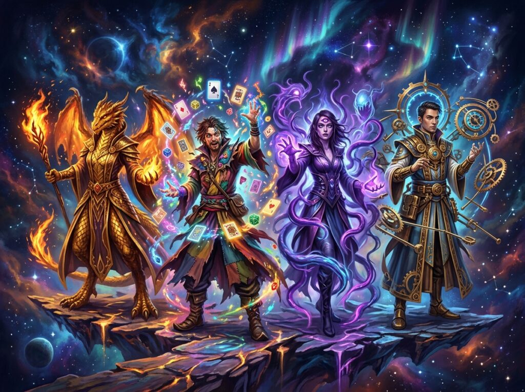 Quatre origines d'ensorceleur DnD 2024 dans un vide cosmique : draconique, magie sauvage, esprit aberrant et âme mécanique