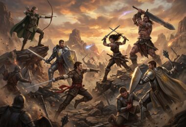 Illustrations, scènes de combat, donjons et dragons.