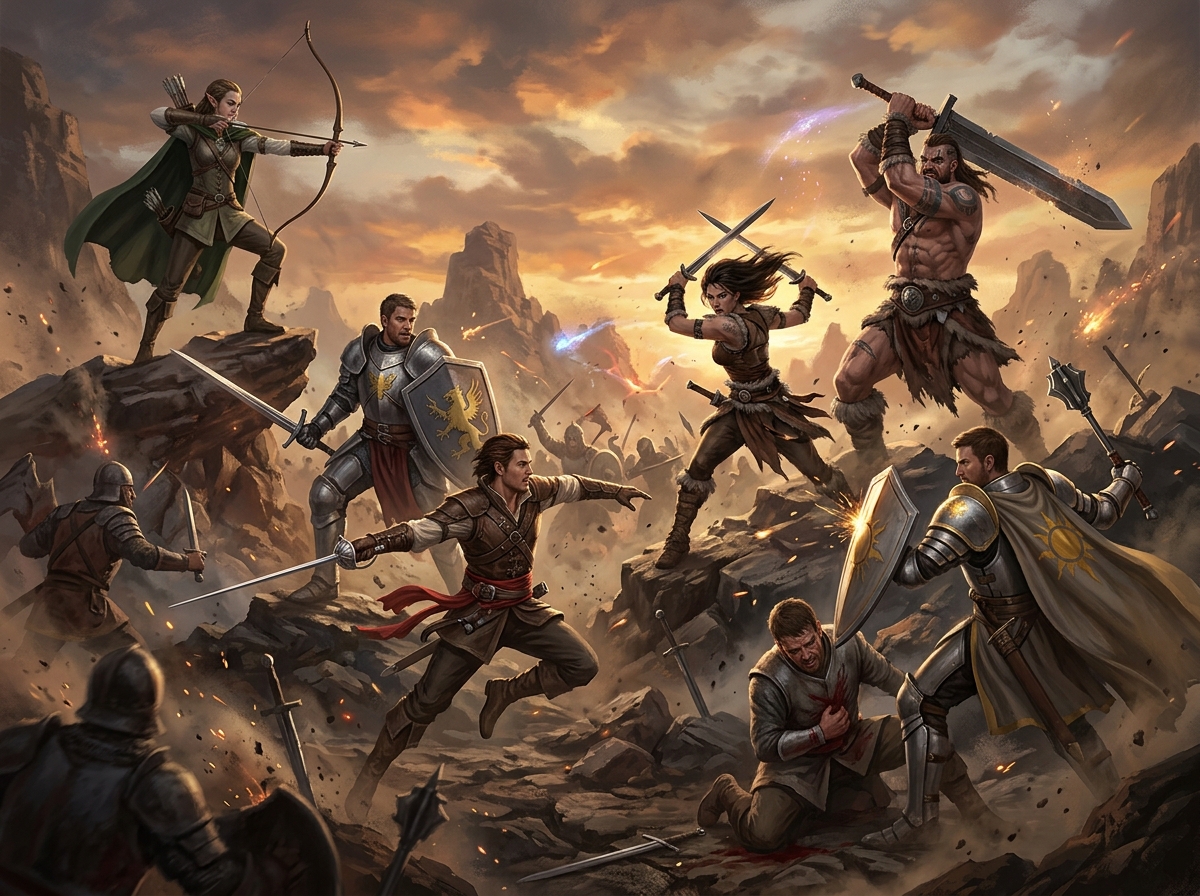 Illustrations, scènes de combat, donjons et dragons.
