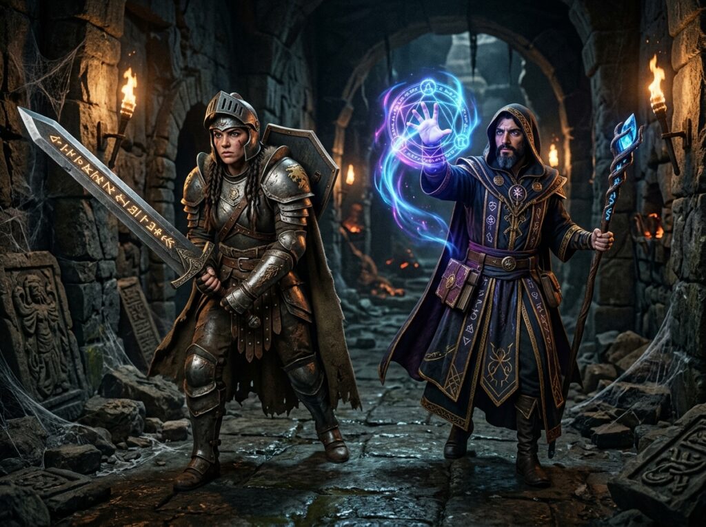 Multiclasse DnD 2024 - Guide complet pour multiclasser dans Donjons et Dragons 2 Illustration d'une guerrière et d'un mage dans un donjon.