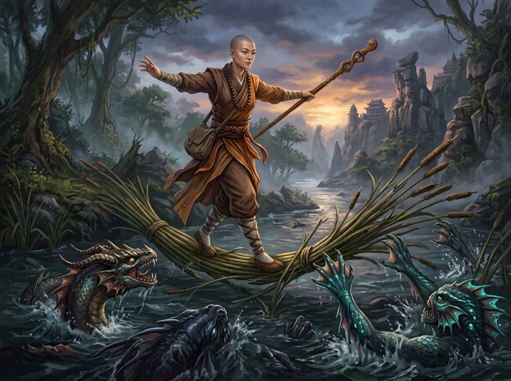 Moine DnD 2024 : guide complet de la classe martiale dans Donjons et Dragons 3 Une moniale agile échappe à des monstres aquatiques.