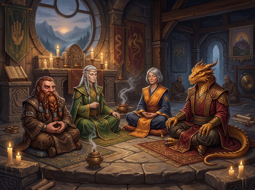 Moine DnD 2024 : guide complet de la classe martiale dans Donjons et Dragons 1 Un groupe de moines en méditation.
