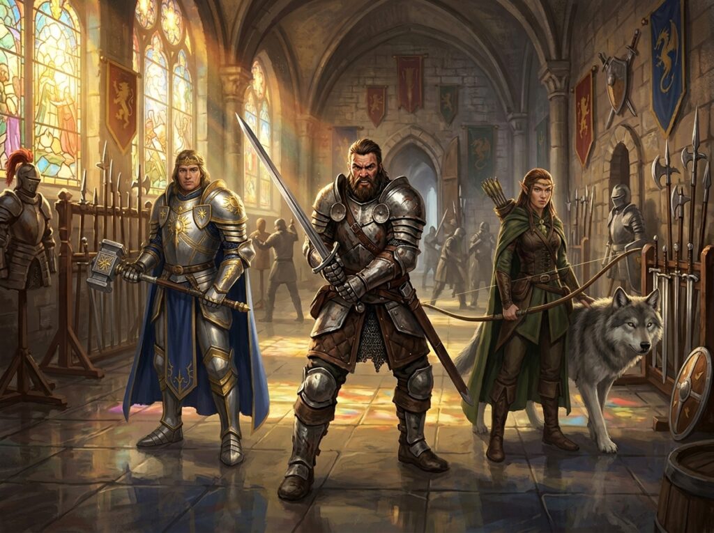 Styles de combat DnD 2024 - Guide complet pour guerrier, paladin et rôdeur 2 Un guerrier, un paladin et un rôdeur dans une salle d'entraînement médiévale illustrant les trois classes DnD 2024 ayant accès aux styles de combat