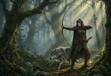 Une rodeuse, arc tendu, avec son familier loup.