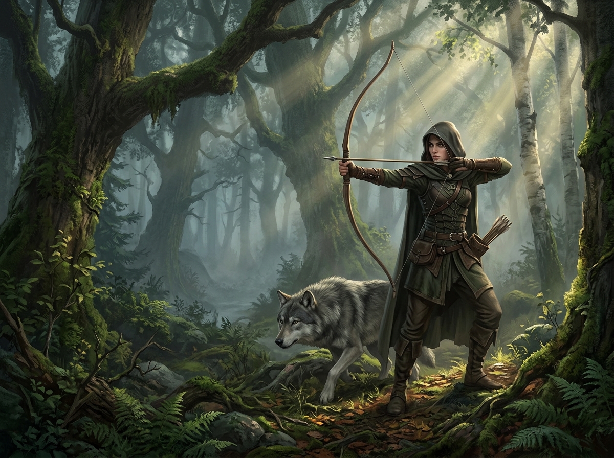Une rodeuse, arc tendu, avec son familier loup.