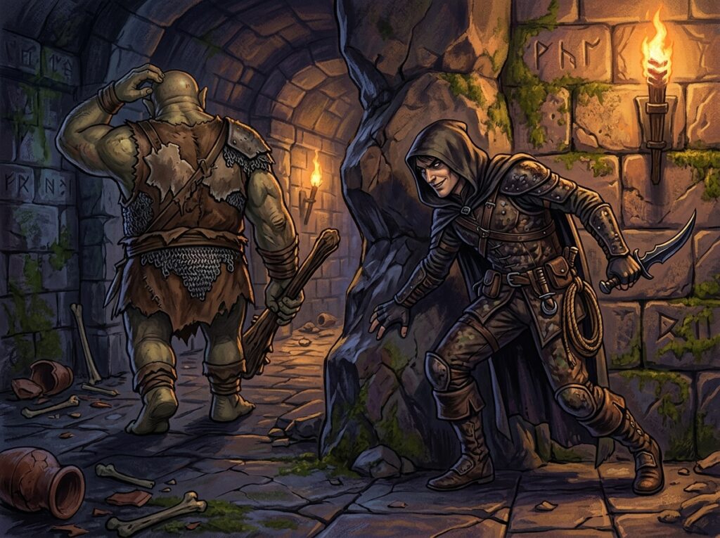 Roublard DnD 2024 : guide complet de la classe furtive dans Donjons et Dragons 2 Un voleur au coin du mur du donjon s'apprête à frapper de dos.