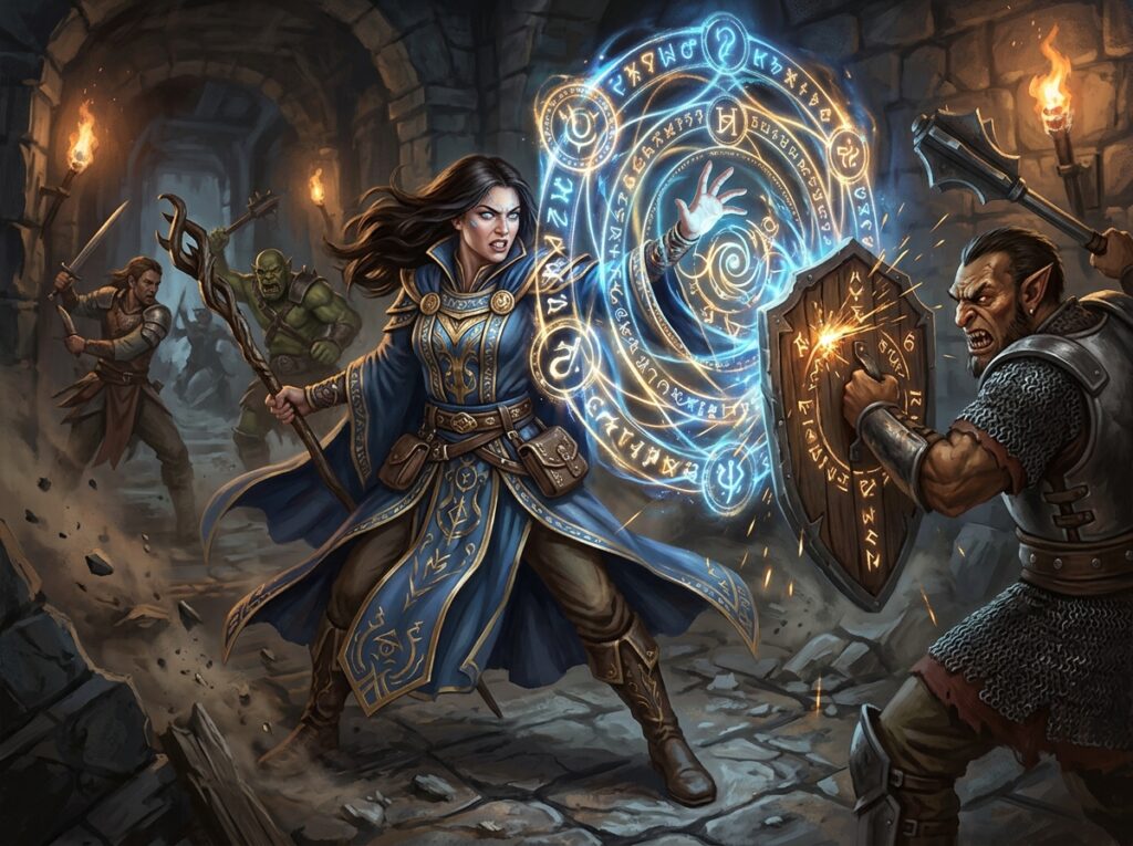 Sorts de concentration DnD 2024 : guide complet de la mécanique de concentration 2 Une magicienne maintient sa concentration contre un orc guerrier.