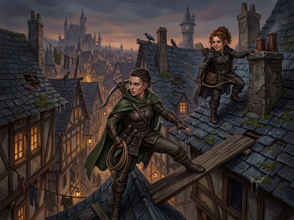 Roublard DnD 2024 : guide complet de la classe furtive dans Donjons et Dragons 1 Un duo de voleuses sur les toits.