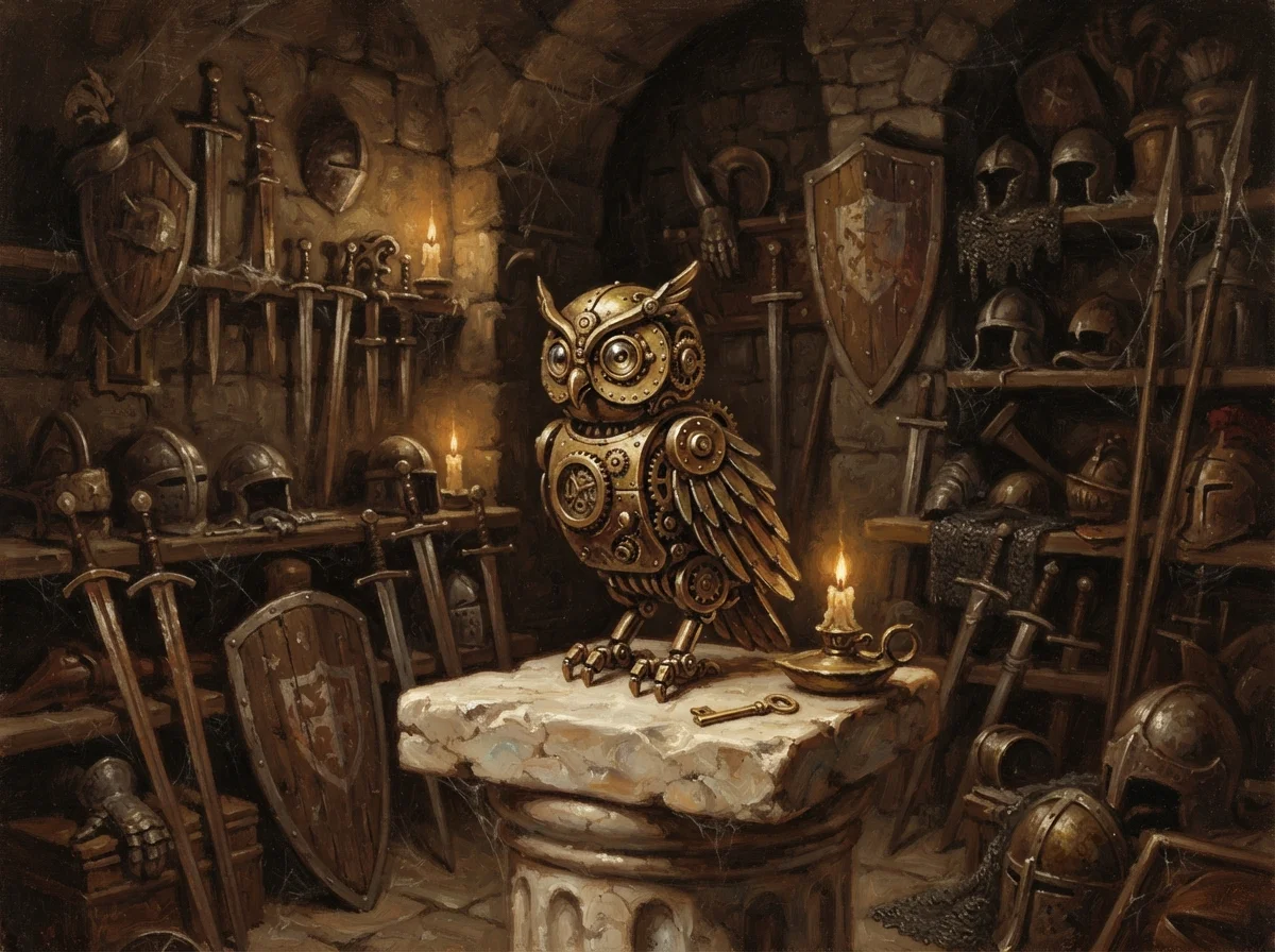 Le Choc des Titans, film de 2010 : le remake, la 3D ratée et l'héritage Harryhausen 2 Un petit hibou mécanique en laiton posé dans une armurerie antique, clin d'œil à l'artisanat du stop-motion