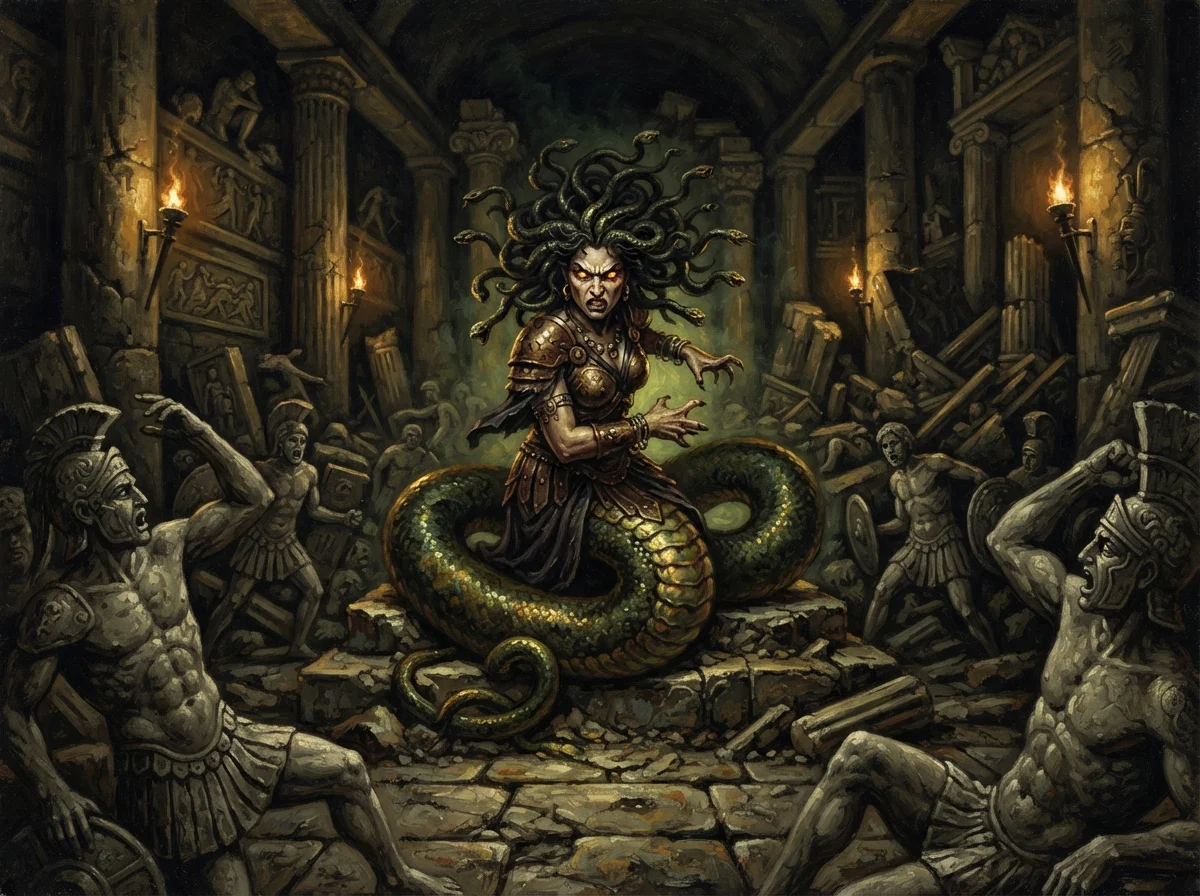 Le Choc des Titans, film de 2010 : le remake, la 3D ratée et l'héritage Harryhausen 1 La gorgone Méduse à la chevelure de serpents dans un temple antique entouré de guerriers pétrifiés