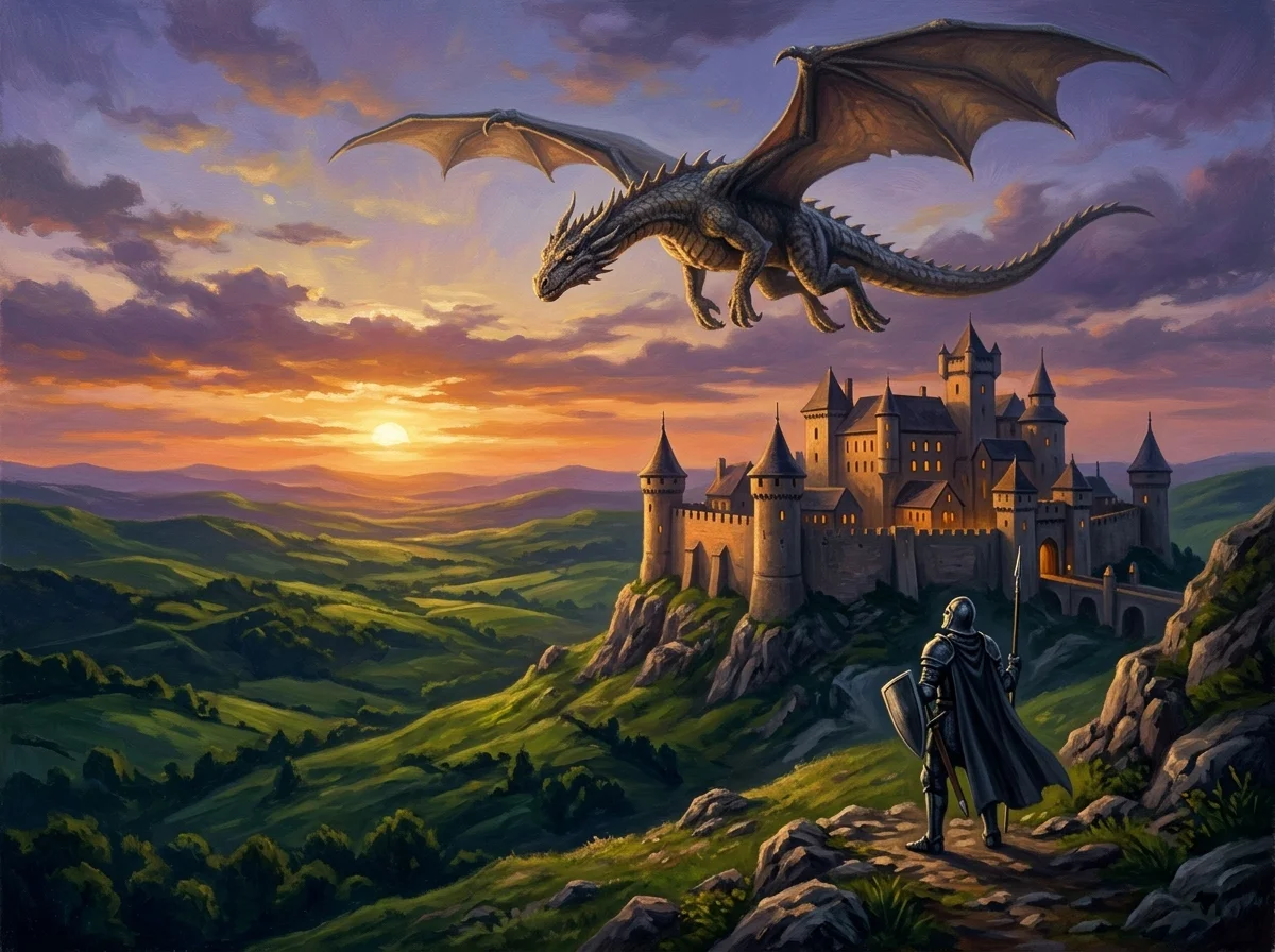 Cœur de dragon, le film de 1996 qui a rendu son honneur aux dragons 2 Grand dragon survolant un château médiéval au crépuscule, chevalier observant depuis le sol.