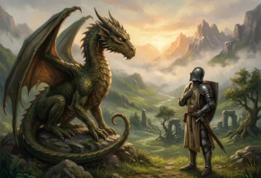 Dragon noble face à un chevalier en armure dans une vallée brumeuse, ambiance de pacte solennel.
