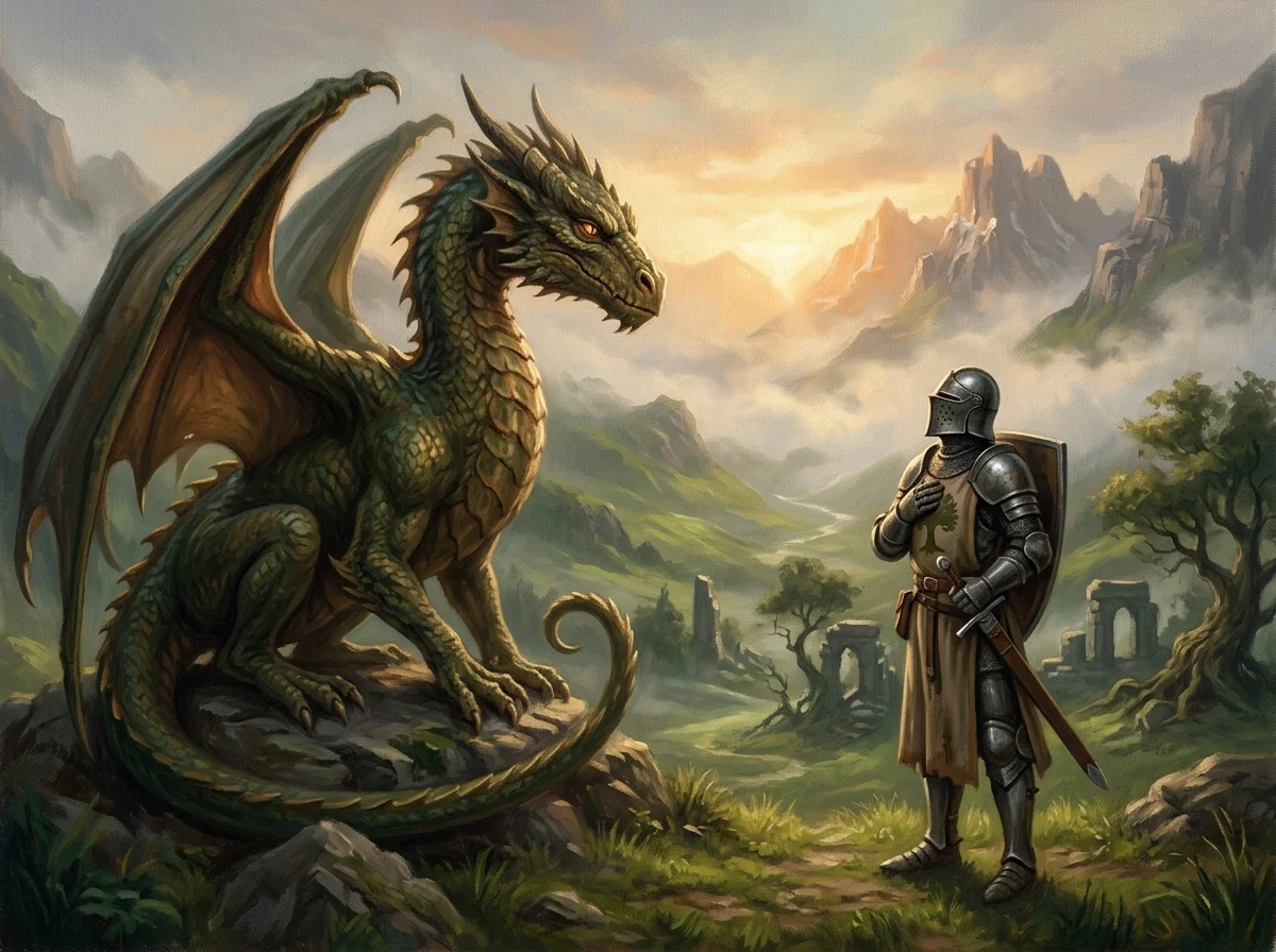 Dragon noble face à un chevalier en armure dans une vallée brumeuse, ambiance de pacte solennel.