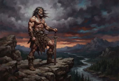 Guerrier barbare solitaire au sommet d'une falaise au crépuscule, épée à la main, ambiance sword and sorcery