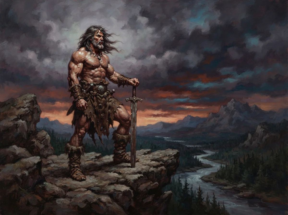 Guerrier barbare solitaire au sommet d'une falaise au crépuscule, épée à la main, ambiance sword and sorcery