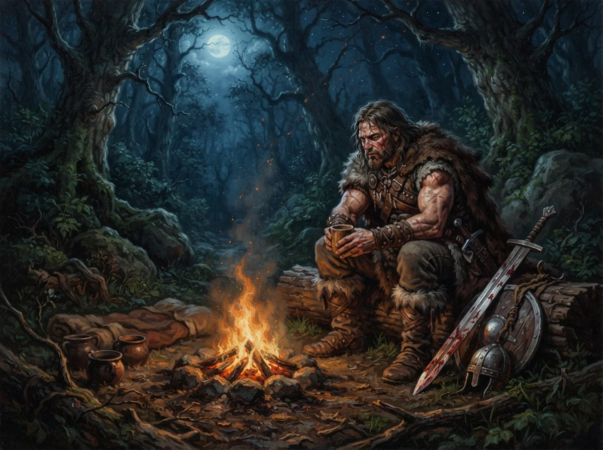Conan 2011 : le reboot musclé qui a coulé au box-office 2 Barbare marqué par les combats au repos près d'un feu de camp dans une forêt nocturne