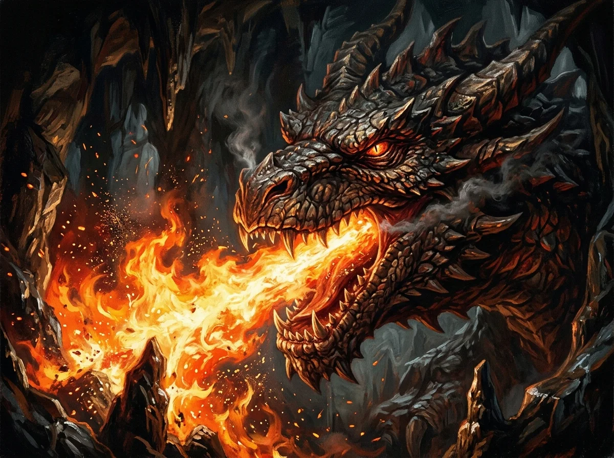 Le Dragon du lac de feu (1981) : Vermithrax, le plus beau dragon d'avant le numérique 2 Gros plan sur la tête d'un dragon réaliste crachant un torrent de flammes éclatantes dans une caverne sombre.