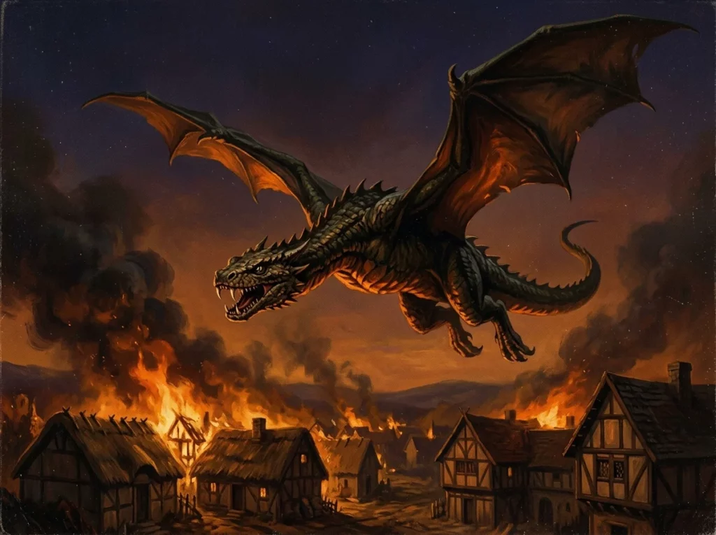 Le Dragon du lac de feu (1981) : Vermithrax, le plus beau dragon d'avant le numérique 5 Un immense dragon reptilien réaliste survolant un village médiéval en flammes au crépuscule, dans des tons orangés et noirs.