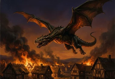 Un immense dragon reptilien réaliste survolant un village médiéval en flammes au crépuscule, dans des tons orangés et noirs.