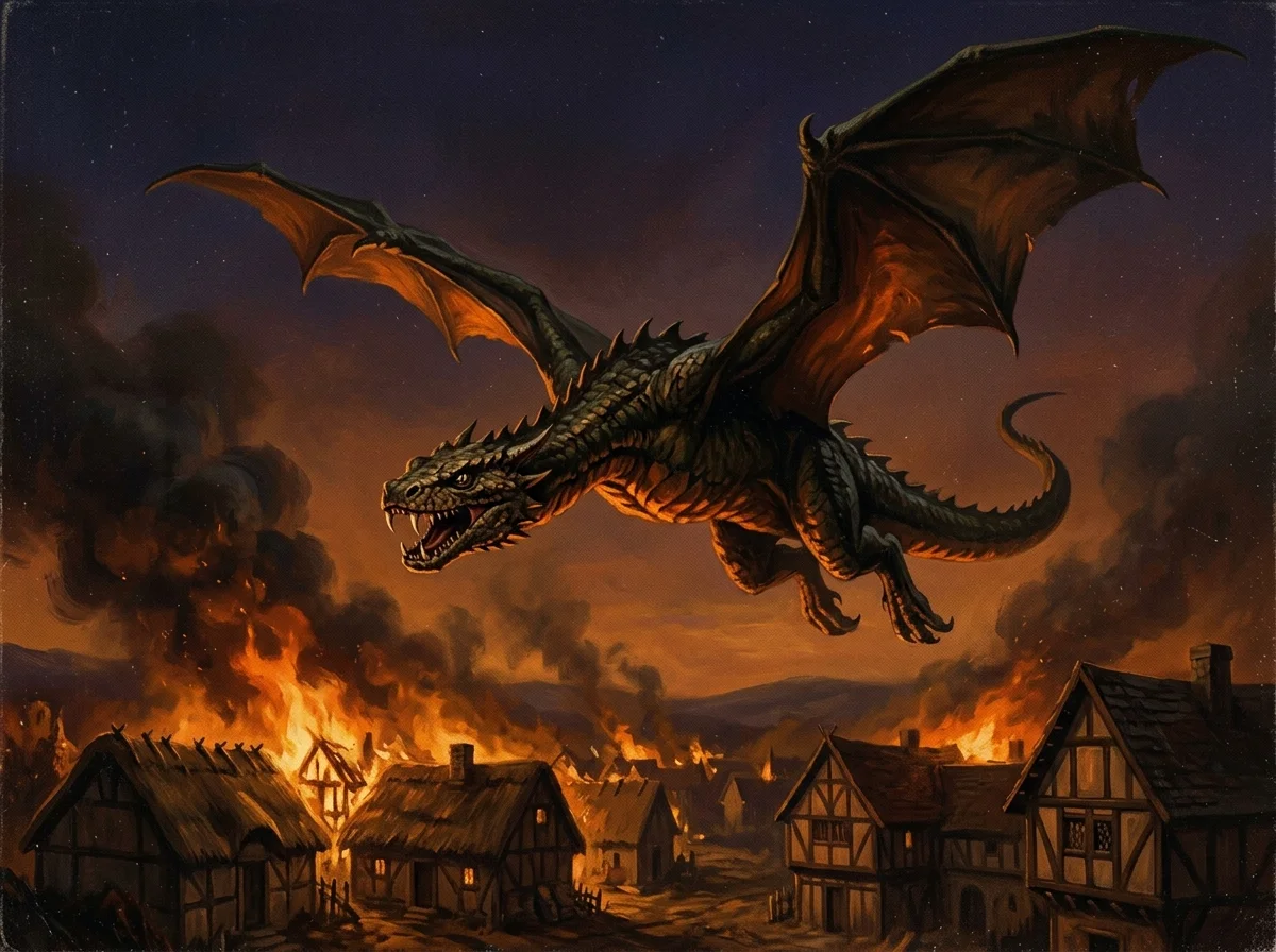 Un immense dragon reptilien réaliste survolant un village médiéval en flammes au crépuscule, dans des tons orangés et noirs.