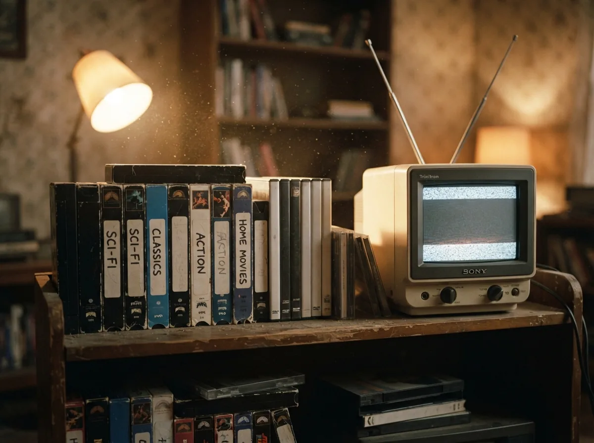 Série culte : le grand tour des séries geek qui ont façonné la SF et la fantasy 2 Illustration fan-art d'une étagère nostalgique avec cassettes VHS, DVD et petit téléviseur rétro, symbole des différentes époques de la série geek.