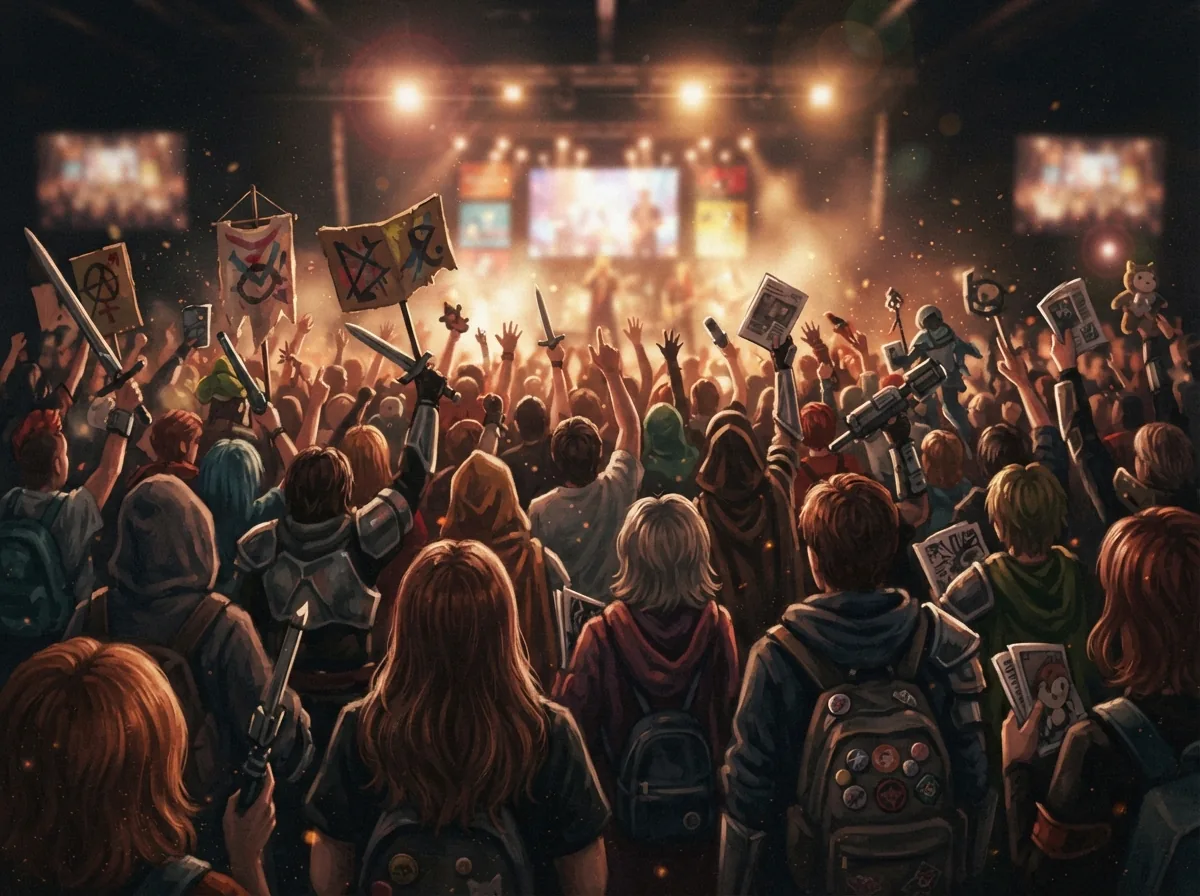 Série culte : le grand tour des séries geek qui ont façonné la SF et la fantasy 1 Illustration fan-art d'une foule de fans en convention, silhouettes de cosplayers vues de dos, symbole de la communauté des séries cultes.