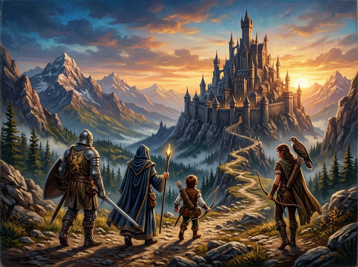 Films heroic fantasy : les 45 incontournables à voir absolument 2 Groupe d'aventuriers marchant vers une citadelle fantastique à l'aube dans un paysage de montagnes