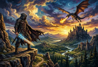Guerrier encapuchonné sur une falaise face à un dragon lointain dans un ciel doré, panorama de fantasy épique