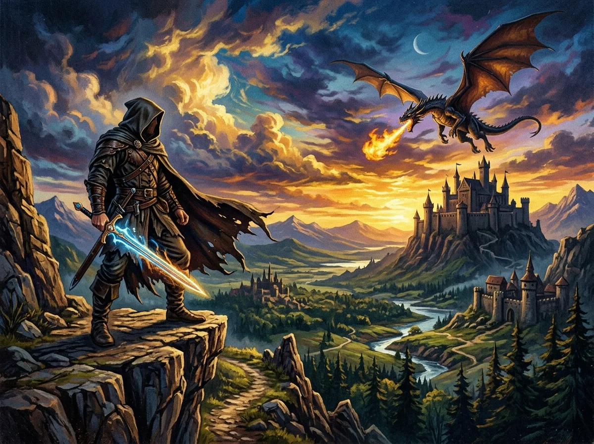 Guerrier encapuchonné sur une falaise face à un dragon lointain dans un ciel doré, panorama de fantasy épique