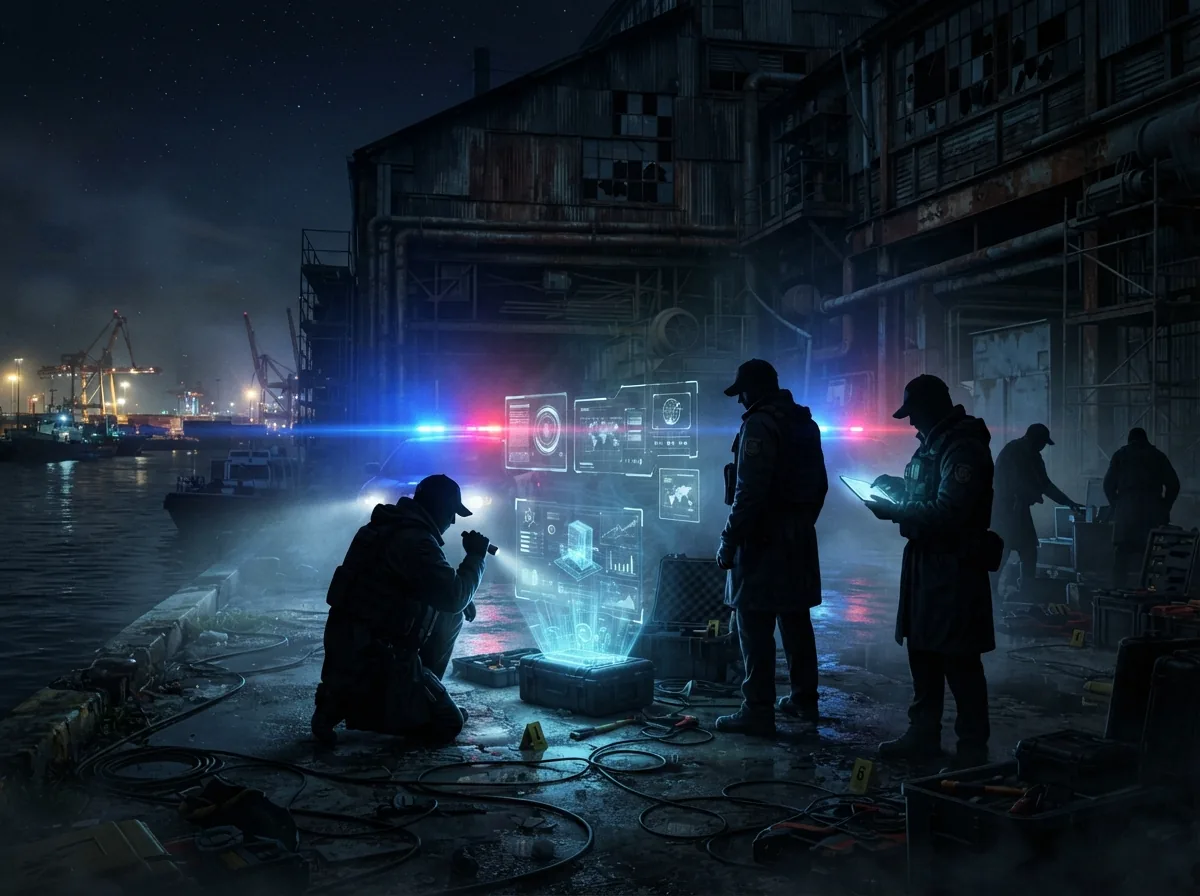 Silhouettes d'agents fédéraux enquêtant de nuit sur une scène surnaturelle, dans l'esprit de la division Fringe.